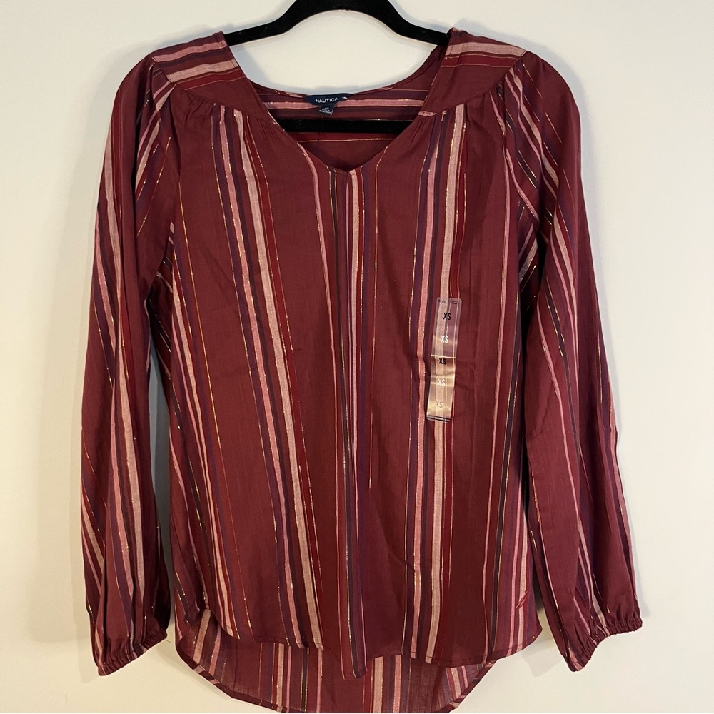 NWT Nautica XS Burgundy striped blouse with elastic sleeve